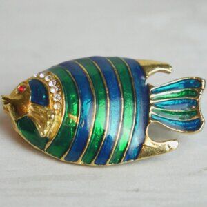 Vintage Enamel Rhinestones Tropical Fish Brooch Pin Metal